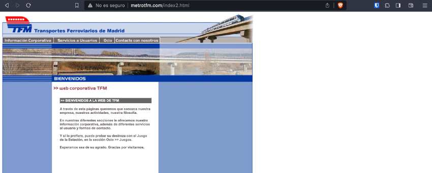 Página de bienvenida de la web de TFM mostrando cómo tiene un ancho fijo y desaprovecha el área libre de un navegador web.